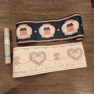 Lot of 3 Vintage Wallpaper Border Rolls USA Folk Art House Heart‎ Floral Paisley